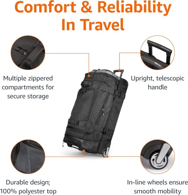 30-Inch Large Rolling Duffle Bag with Wheels and Handle, Travel Duffle Bag with Durable Ripstop Polyester Material, 2 Layers of Space, Multiple Interior and Exterior Pockets, Black - Image 2
